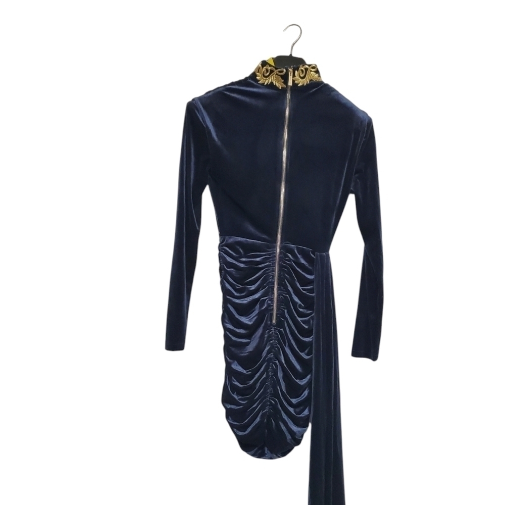 NWT Women's Blue Velvet Ruched Mini Dress with Dramatic Side Drape Size XXS - Picture 4 of 12